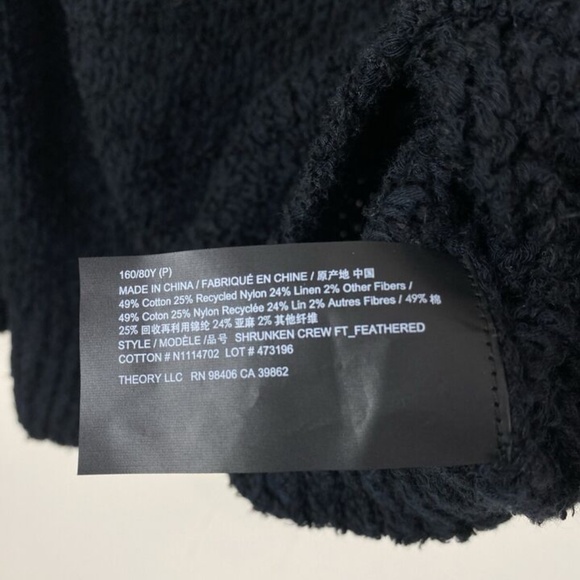 Theory Black Shrunken Fit Crewneck Sweater Feathered Cotton Linen - Picture 7 of 8